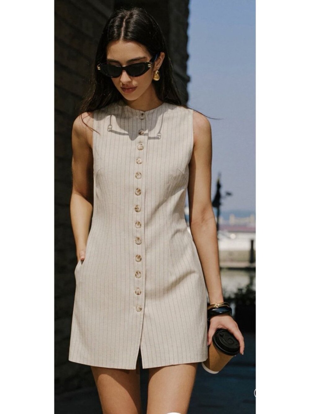 Commense Sleeveless Linen Blend Beige Striped Button Down Dress Size XL NWT